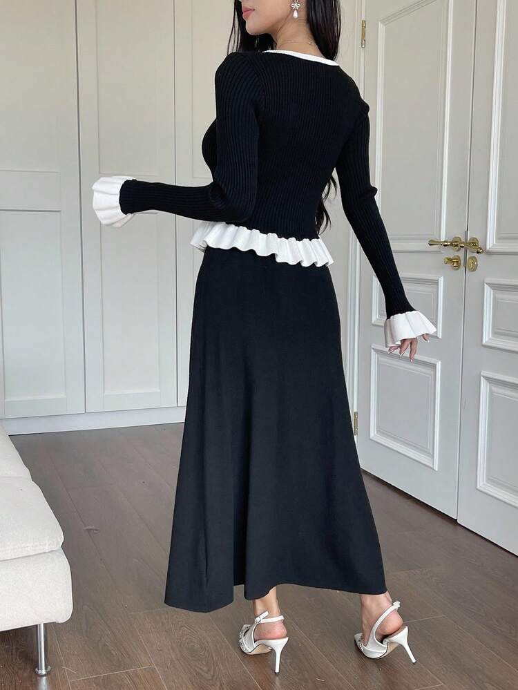 2pcs Elegant Color Block Ruffle Hem Sweater & Knit Skirt Set, Autumn/Winter