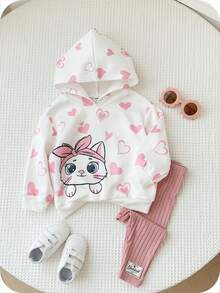 SHEIN 2pcs Baby Girl Autumn/Winter Cute Cartoon Cat Heart Pattern Hoodie Sweatshirt And Elastic Waist Pants Set Baby Girl Cat Clothes Baby Girl Clothes Set  Baby Girl Heart Print Clothes Toddler Girl Clothes Set Baby Girl Hooded Sweatshirt Set Autumn Clothes Winterclothes For Baby Fall Outfits Baby Hoodie - Multicolor - View 4