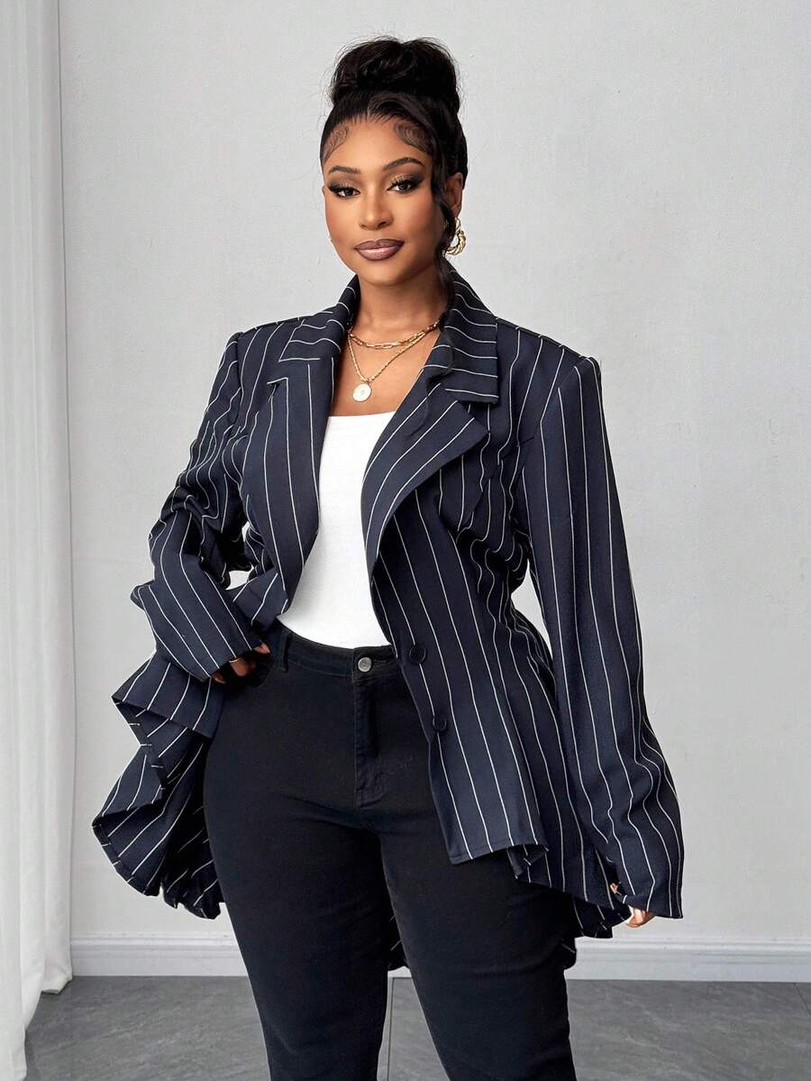 Maweii Plus Size Women Striped Asymmetric Hem Long Sleeve Blazer Jacket ...