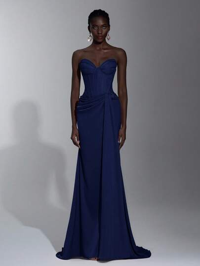 Elitara 优雅莲花蕾丝拼接缎面抹胸连衣裙，薄纱上身，褶皱腰身，鱼尾裙摆，适合度假、约会、生日派对、婚礼、毕业典礼、正式晚宴、情人节等场合。