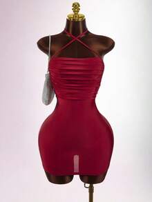 Amplova Y2K Amplova Women's Sexy Minimalist Solid Color Backless Ruched Bodycon Halter Neck Dress, Summer Slay Diva Dress Red Club Outfit Bodycon Dress Night Club Dress,Dresses For Women Party