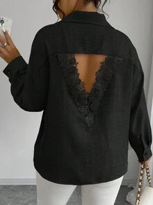 Elenzga Plus Size Autumn Casual Contrast Lace Hollow Back Shirt