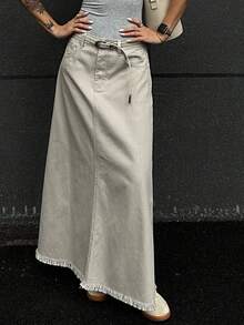 Strévra 女士宽松休闲牛仔半身裙，毛边下摆，秋季款