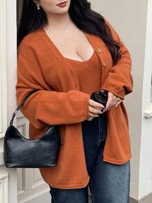 Dazy Plus 2 件大码女士宽松纯色 V 领开衫毛衣套装，休闲秋冬