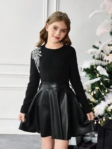 SHEIN 2pcs Tween Girls Casual Elegant Rhinestone Embroidered Knit Top And PU Skirt Set, Suitable For Christmas, Daily Wear - Black - View 8