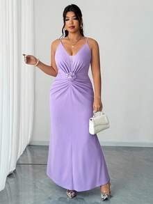 Elenzga Plus Size Women's Elegant Romantic Party Sleeveless Cinched Waist 3D Floral Decor V-Neck Maxi Dress - Purple - View 4