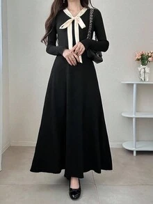 FRIFUL 女式蝴蝶结领装饰 A 字形拼色毛衣裙 - 黑色 - 查看 2