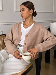 DAZY Women's Casual V-Neck Cardigan, Solid Color, Autumn Long Sleeve Tops - Khaki - View 1