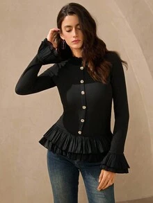 Wildy Romantic Bohemian Ruffle Trim Black Long Sleeve Street Fashion T-Shirt Western Blouse Black Peplum Top Black Ruffle Blouse Women Western Tops Black Button Down Blouse - Black - View 2