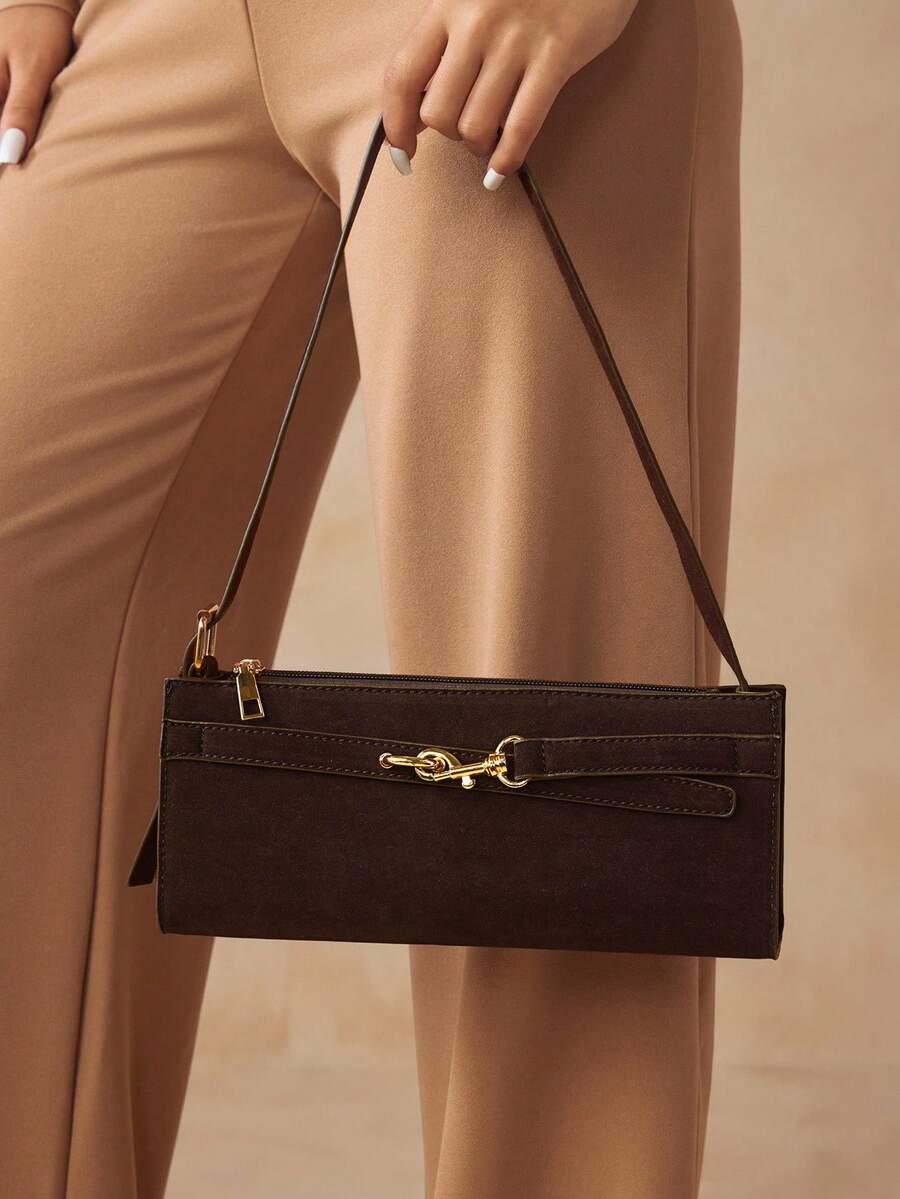 SHEIN SXY 女士单肩包，流浪包，绒面革，时尚，优雅，简约，个性化，多功能，经典，适合通勤，办公室，约会，日常，购物，下午茶 - 咖啡棕 - 查看 1