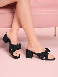CUCCOO DOLLMOD Women's Elegant Commuter Square Toe Thick Heel Black Bow Sandals - Black - View 3