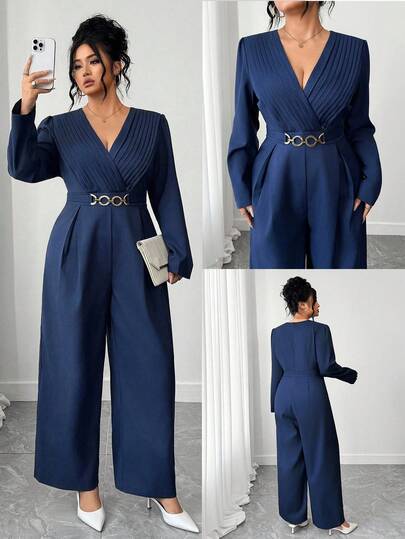 Elenzga Plus Size Women Elegant Solid Color Pleated Waist Belt Jumpsuit, Slimming Long Jumpsuit For Commuting And Party, Autumn/Winter Fall Cloth For Women