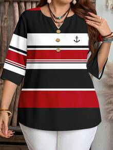 EMERY ROSE Plus Size Casual Striped Colorblock Black, White, Red Shirt, Suitable For Summer - Multicolor - View 4