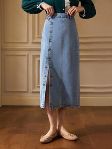 Écloséra 女士单排扣长款休闲牛仔裙 - 藍色 - 查看 1