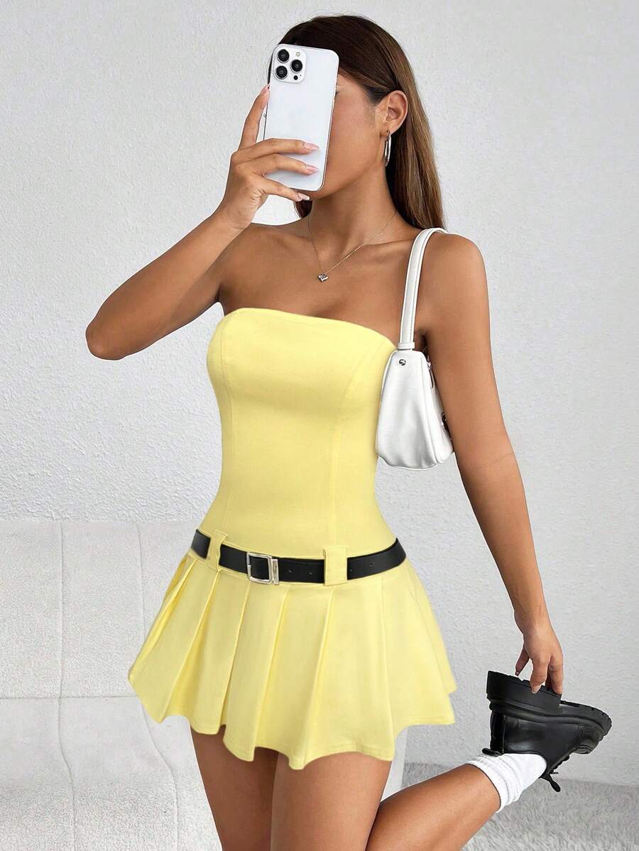 SHEIN PETITE Váy ngắn mùa hè ống xếp ly viền ống liền thân có thắt lưng - Vàng nhạt - Xem 1