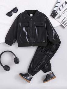 SHEIN Playful Pals 2pcs/Set Toddler Boys Autumn/Winter Glossy Thermal Lined Jacket And Elastic Waist Thermal Lined Pants, Suitable For School, Casual, Personalized, Long Sleeve, Streetwear, 6M-3T, Children Outfit, Infant Clothing Fall - Black - View 2