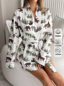 EURMUSE Women Cotton Cute Animal Pattern Long Sleeve Belted Cute Homewear Robe For Ladies - White - View 4
