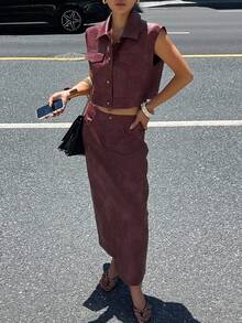 DAZY Bộ 2 món áo không tay và chân váy có túi bằng da PU dành cho nữ, Thu/Đông Y2K - Màu Đỏ Sâu - Xem 2