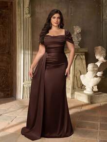 Aureia Plus Size Elegant Minimalist Green Cold Shoulder Ruched Waist Luxury Satin Mermaid Hem Bridesmaid Dress - Coffee Brown - View 5