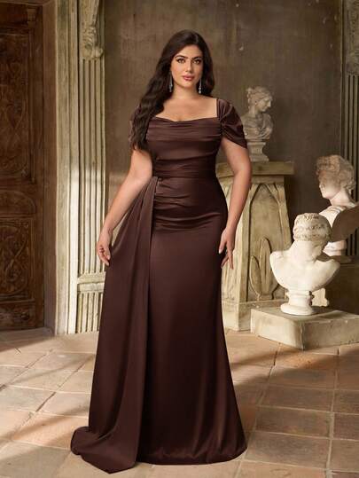 Aureia Plus Size Elegant Minimalist Green Cold Shoulder   Waist Luxury Satin Mermaid Hem Bridesmaid Dress Wedding Guest Dress - Elegant Floor Length Gown For Formal Occasion