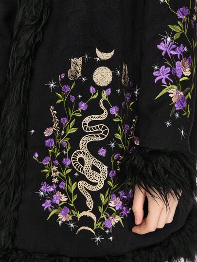Hippie Women's Overcoat With Faux Fur Patchwork, Snake & Floral Embroidery, Regular Fit