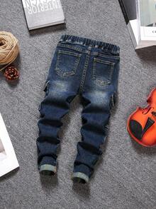 SHEIN Young Boy Fashion Casual Color Contrast Bow Embellished Blue Stretch Skinny Jeans For Dailywear And Winter Clothes Boys Jeans Boys Cargo Jeans Kids Jeans Fall - Dark Wash - View 2