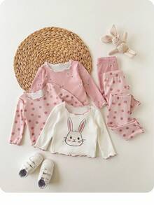 SHEIN 新生女婴可爱休闲针织波尔卡圆点图案粉色长袖睡衣套装 - 淺粉色 - 查看 5