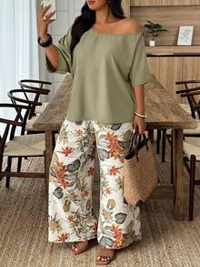 SHEIN PETITE CURVE Plus Size Casual Solid Color Top And Wide Leg Pants 2 Pieces Set - Multicolor - View 4