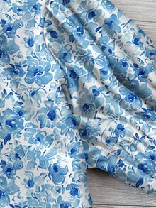 SHEIN LUNE 女士休闲花卉图案方领印花衬衫，适合春夏季度假 - 藍色 - 查看 3