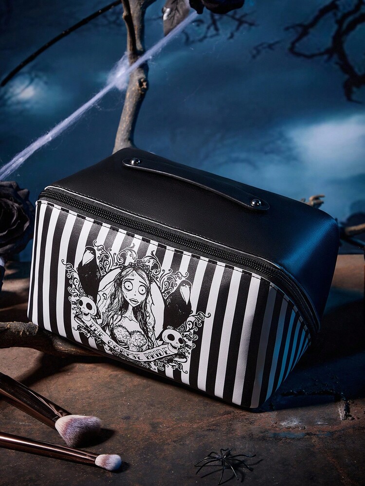 Corpse Bride X SHEIN 1pc Cartoon Pattern Printed Large-Capacity Foldable PU Leather Makeup Bag, Multi-Functional Storage Bag, Small Item Storage Bag, Travel Storage Bag, Digital Storage Bag, Suitable For Daily Carrying Of Small Items, Travel, Work, Makeup Or Study, Ideal For Women And Students; Also Fits Occasions Like Weddings, Gothic Style, Love Themes, Goth And Victorian Era Aesthetics. - Black and White - View 3
