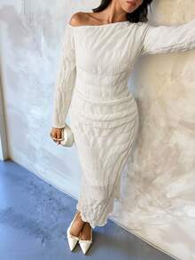 Rafferiza Women's Elegant Off-White Oblique Shoulder Long Sleeve Pleated Texture Dress,Autumn Brunch Outfit,Chic Professional Commuter Office Attire - Apricot - View 1