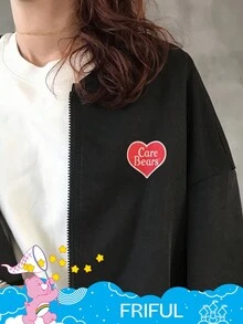 FRIFUL SHEIN X Care Bears 女士休闲时尚街头卡通熊印花落肩宽松夹克 - 黑色 - 查看 17