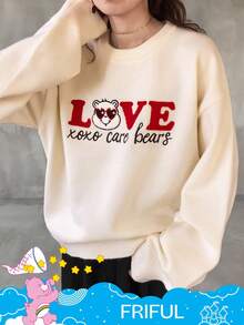 FRIFUL SHEIN X Care Bears 女士圆领字母刺绣撞色印花宽松加厚羊毛衫 - 米色 - 查看 4