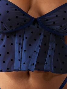 MISSGUIDED Bộ đồ lót Babydoll chấm bi lưới gợi cảm xòe xếp nếp peplum đồ ngủ dây mảnh có thể điều chỉnh họa tiết nơ tinh tế quà tặng đồ lót thân mật - Màu xanh hải quân - Xem 5