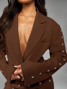 MISSGUIDED Blazer corto con botones delanteros de doble botonadura, con tachuelas, de estilo llamativo y metálico, para uso profesional y de oficina en otoño e invierno - Marrón - Ver 4
