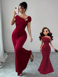 Modelyn Robe élégante ajustée avec plis, décoration de boucle métallique à l'épaule oblique pour femmes