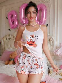 PetitDoll Funny Halloween Themed Print Casual Camisole & Shorts Women Pajama Set