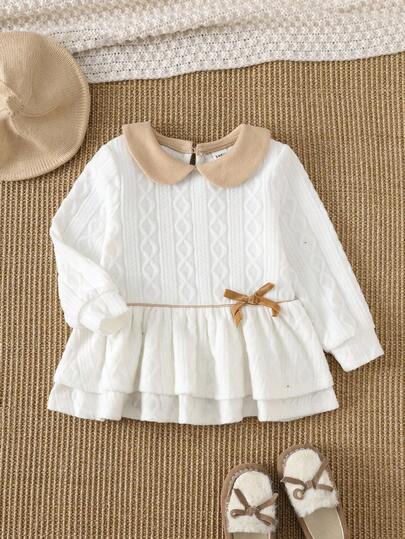 PrepCrw 1件女婴优雅都市可爱卡其色蝴蝶结装饰白色罗纹圆领卫衣，适合日常休闲、外出、聚会、秋冬季节，女婴秋季服装，女婴冬季服装，假日