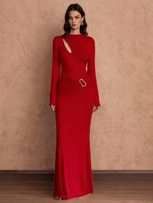 Franclia 红色装饰纽扣腰性感女式连衣裙 - 紅色 - 查看 7
