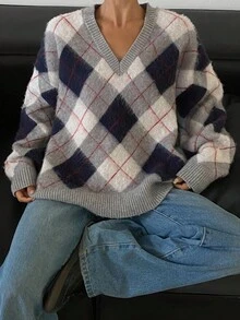 DAZY 复古撞色格子宽松V领长袖休闲街头风格女式毛衣，秋冬 - 灰色 - 查看 5