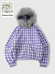 ROMWE MEN Street Life Men's Street American Plaid Fleece Collar Jacket, Fall Winter - Purple - View 4