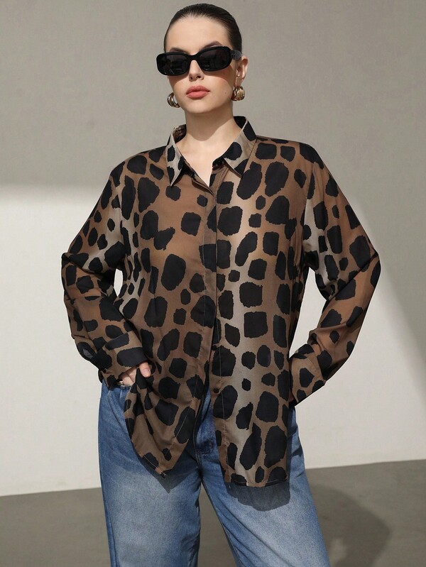 Aveloria Modichic Camisa elegante de manga larga con un solo botón y estampado de leopardo para mujer de talla grande