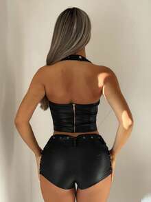 SHEIN ICON 女士深酒红色低胸系带短款上衣，搭配侧系带超短裤，两件套 - 黑色 - 查看 3