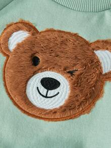 Cozy Pixies 2pcs Baby Boy Cute Bear Embroidered Crew Neck Sweatshirt And Jogger Pants Set - Green - View 4