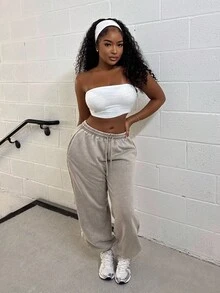Alexandranx 水洗阔腿慢跑裤 春假机场休闲夏季可爱机场毕业、返校、毕业、女士教师、返校秋季、秋季、冬季 - 棕色 - 查看 4