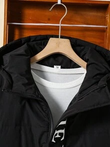 Teenage Boys Casual Letter Print Hooded Vest Padded Coat, Suitable For Daily Casual Wear And School, Autumn/Winter Fall - Black - View 6