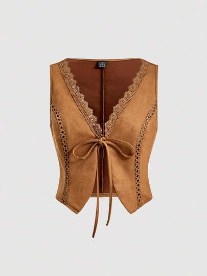 SHEIN MOD Lace Trim Tie Front Vest Jacket Without Blouse, Brown Boho Jacket, Western Wear Women Outfit In Fall/Winter