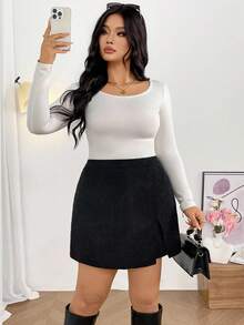 Firerie 大码女士休闲优雅简约罗纹条纹开衩短裤，百搭日常穿着，秋冬 - 黑色 - 查看 6