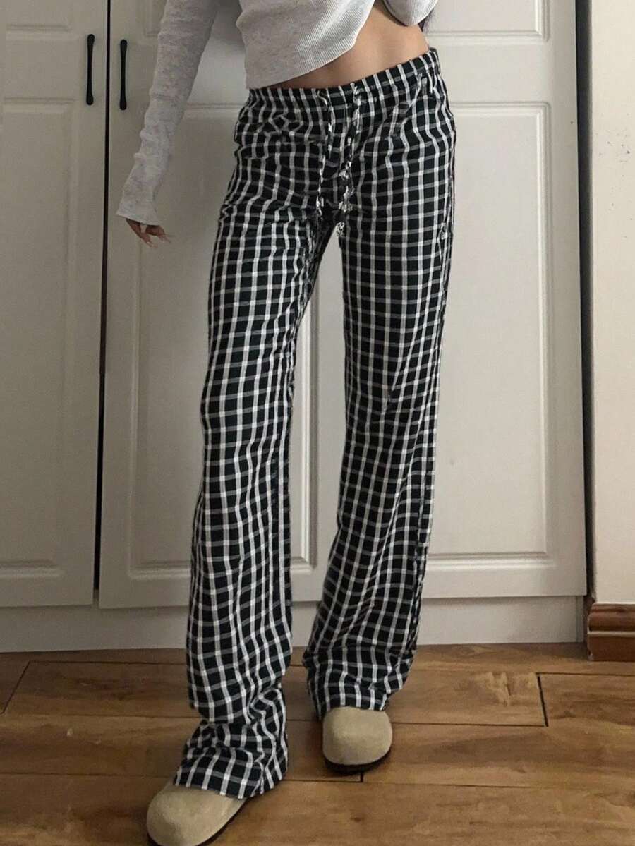 CovetEZ Women's Autumn And Winter Clothing Home Casual Plaid Brushed Black Casual Plaid Drawstring Waist Loose Pants - Black and White - View 1