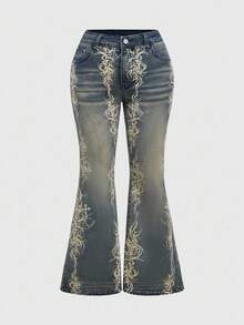 ROMWE Grunge Punk Blugi evazați cu imprimeu vintage spălat, mărime plus - Albastru - Vizualizare 1